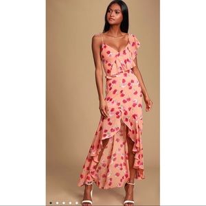 Lulus Coral Orange Floral Print Ruffled High-Low Dress worn once